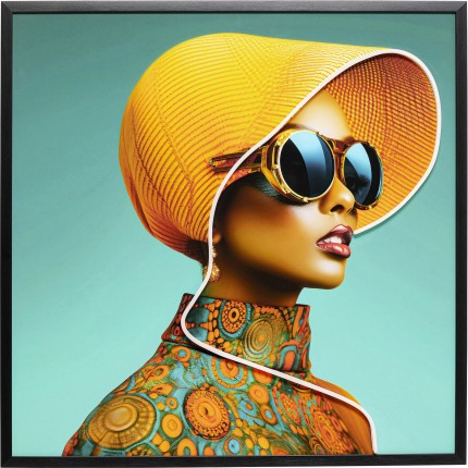 Framed Picture LED yellow hat woman 80x80cm Kare Design