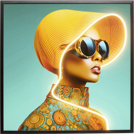 Framed Picture LED yellow hat woman 80x80cm Kare Design